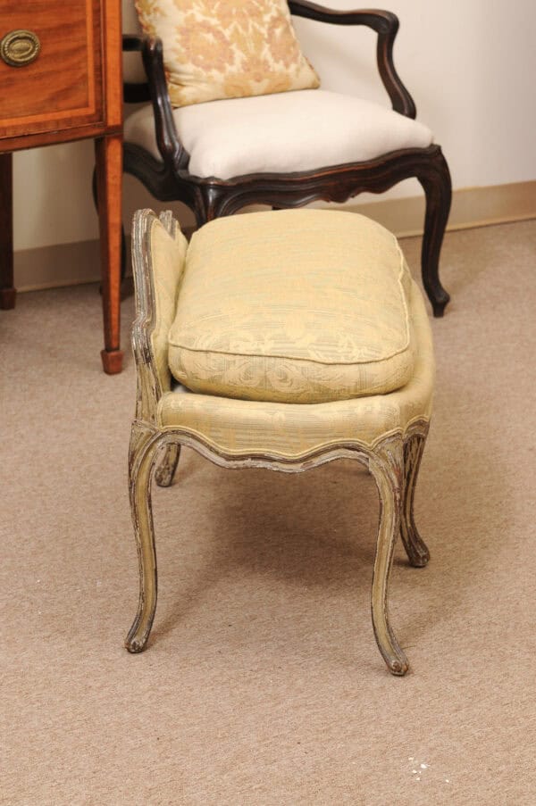 18th Century French Louis XV Green Painted Bench with Cushion & Back Support - Image 5