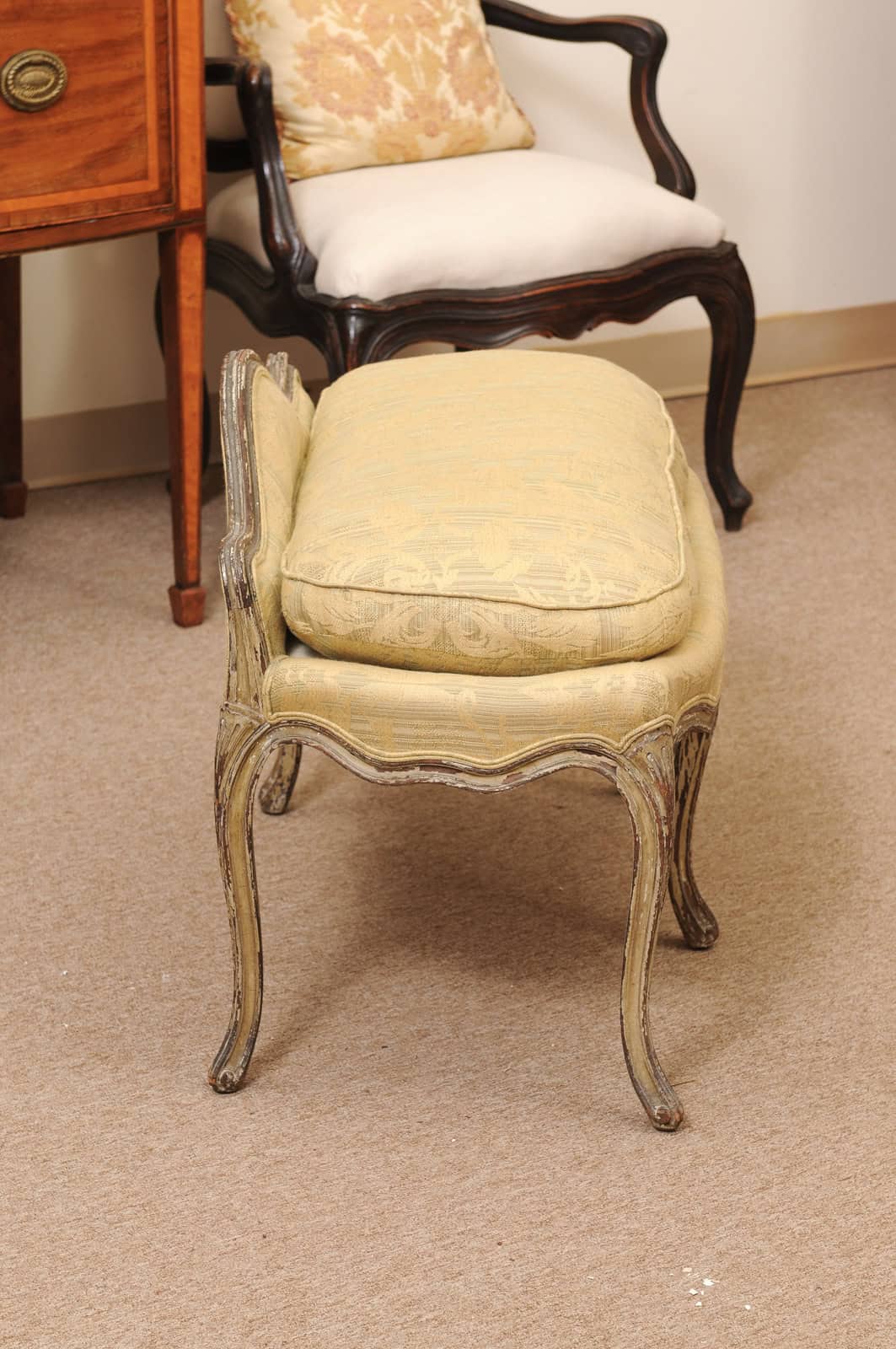 18th Century French Louis XV Green Painted Bench with Cushion & Back Support - Image 5