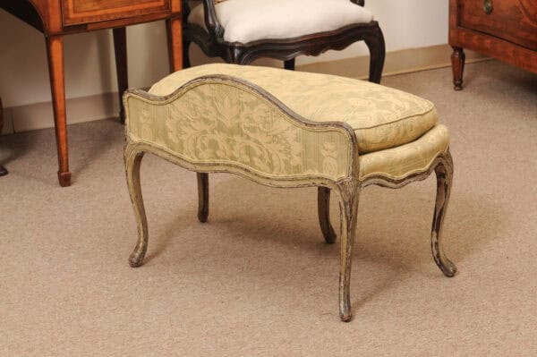 18th Century French Louis XV Green Painted Bench with Cushion & Back Support - Image 6