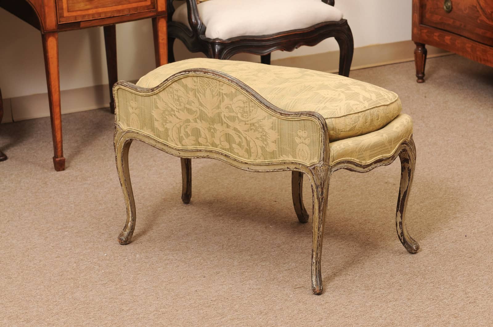 18th Century French Louis XV Green Painted Bench with Cushion & Back Support - Image 6