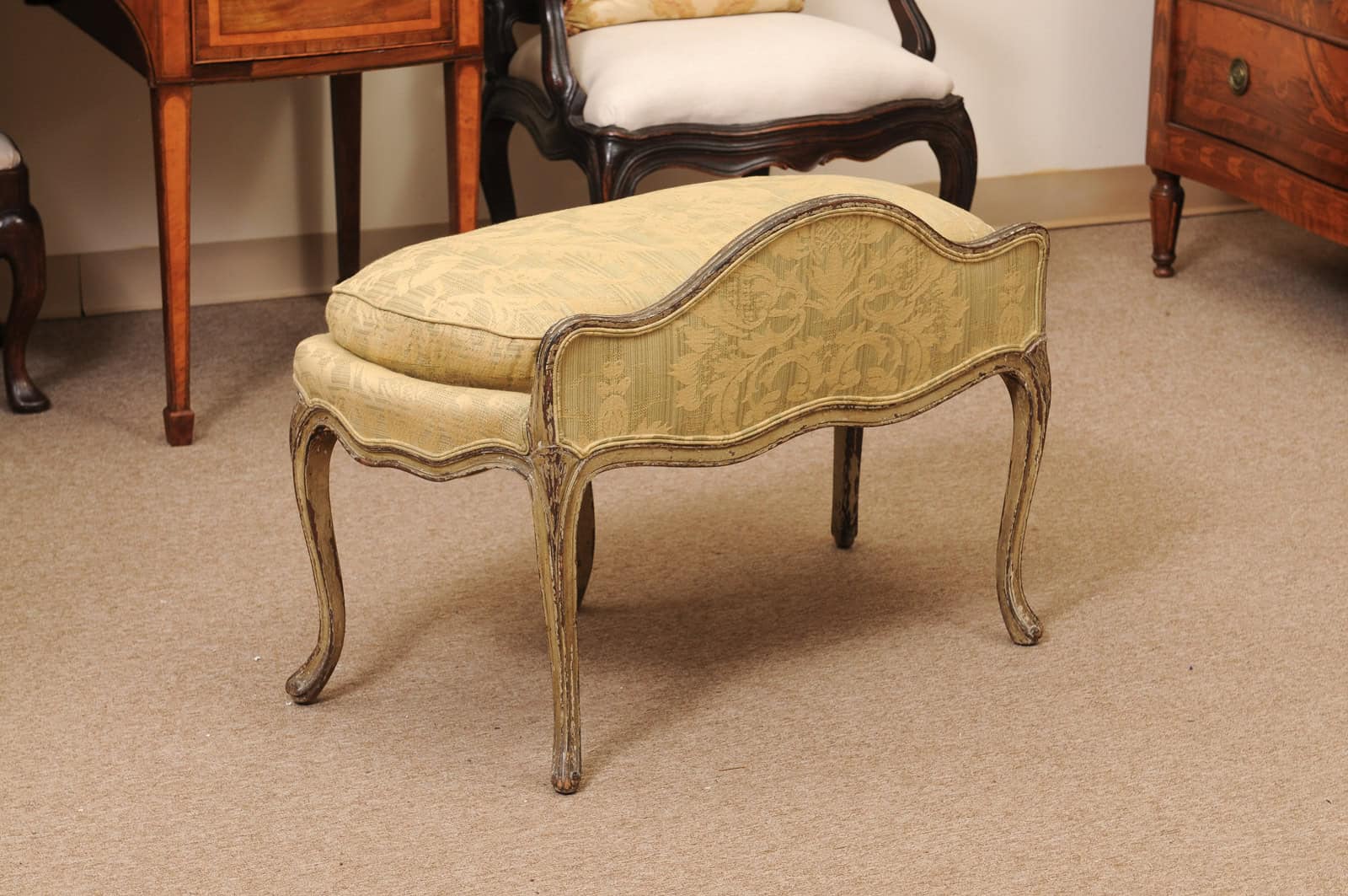 18th Century French Louis XV Green Painted Bench with Cushion & Back Support - Image 8