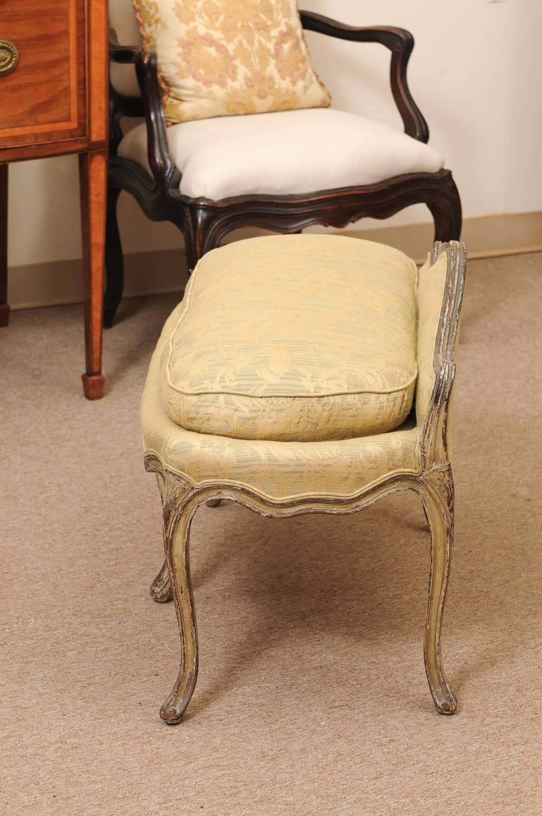 18th Century French Louis XV Green Painted Bench with Cushion & Back Support - Image 9