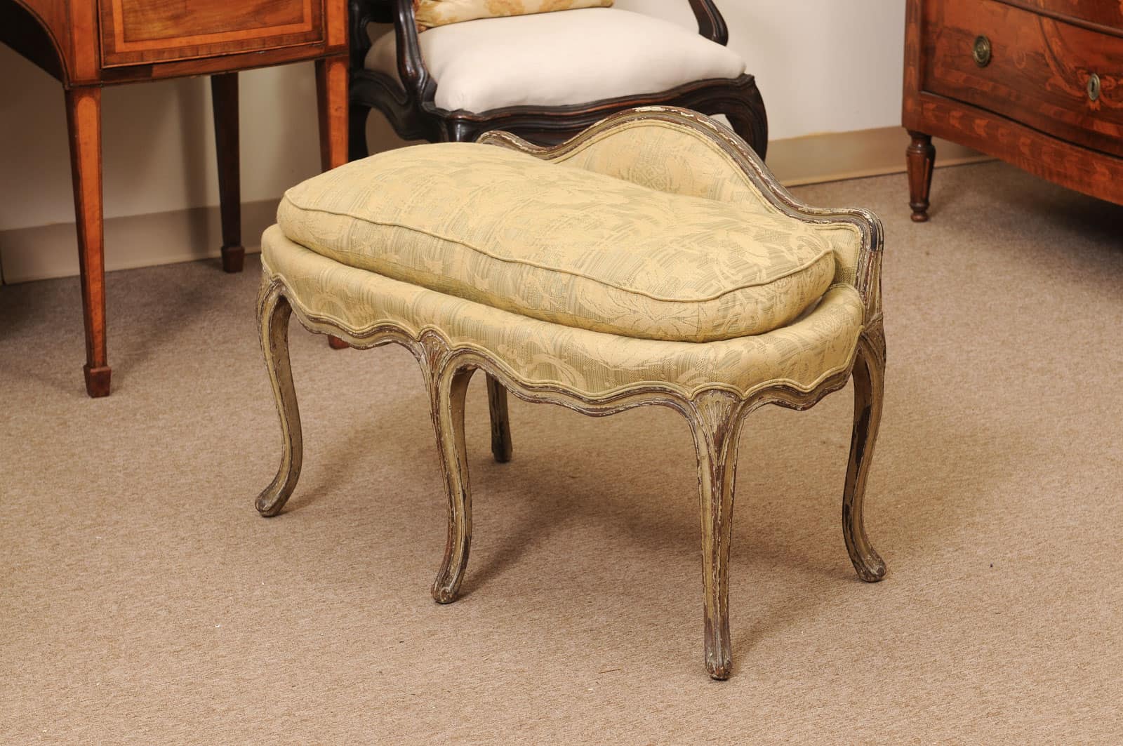18th Century French Louis XV Green Painted Bench with Cushion & Back Support - Image 10
